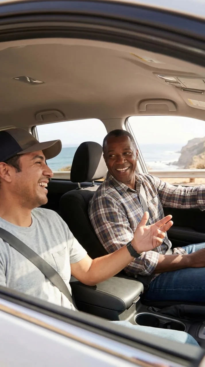 A salesman and a customer talking inside a car