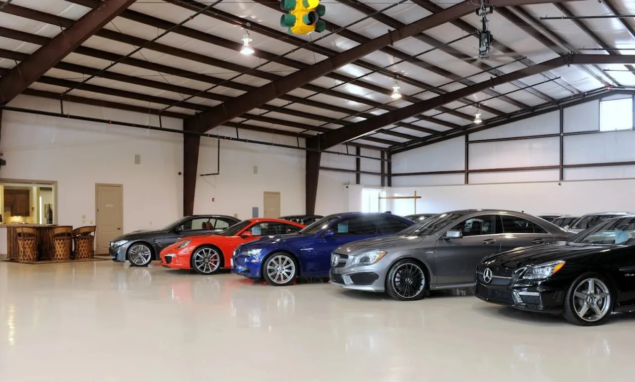 Cars lined up inside the showroom building